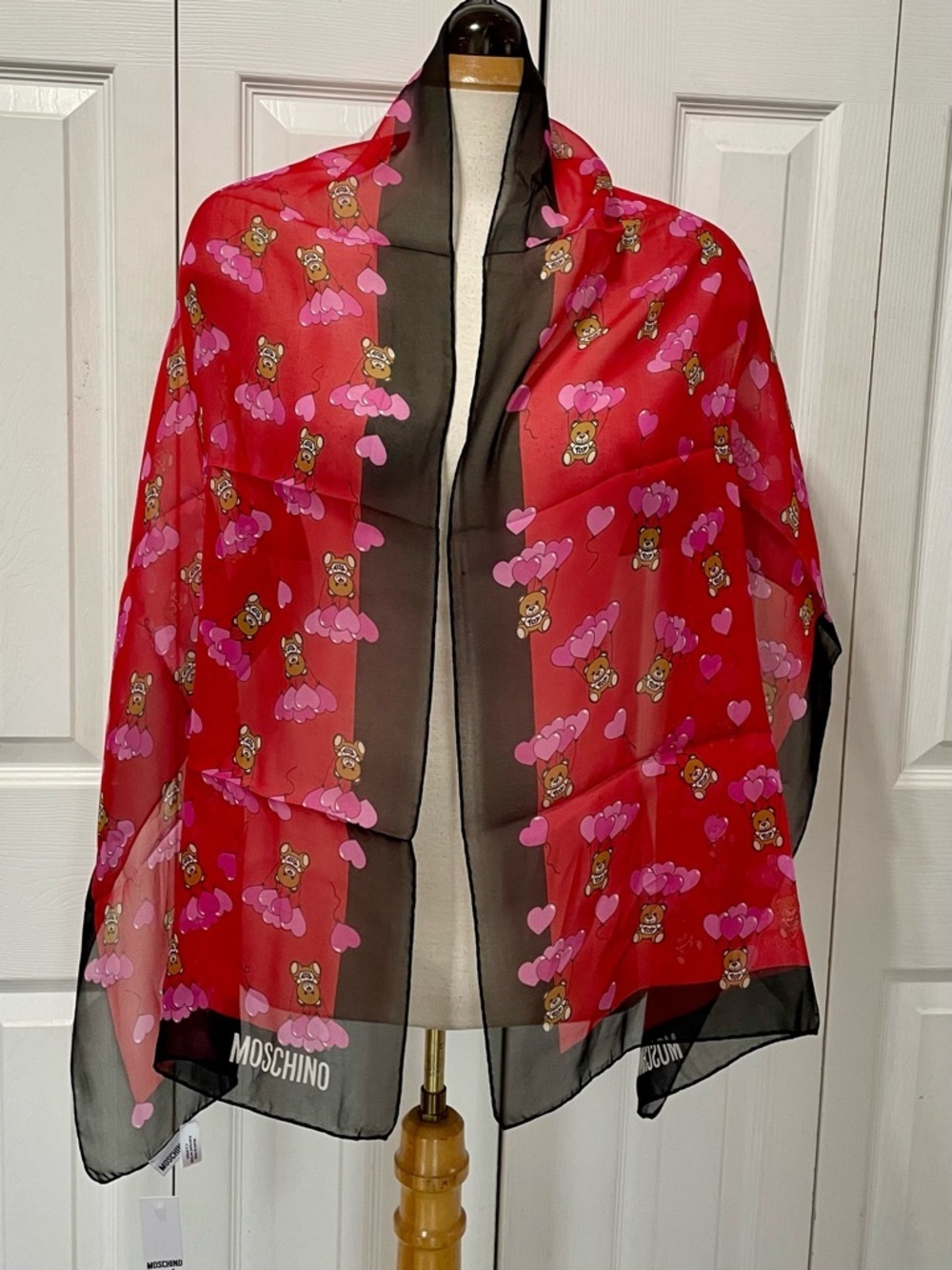 Moschino Red & Black Teddy Heart Silk Scarf